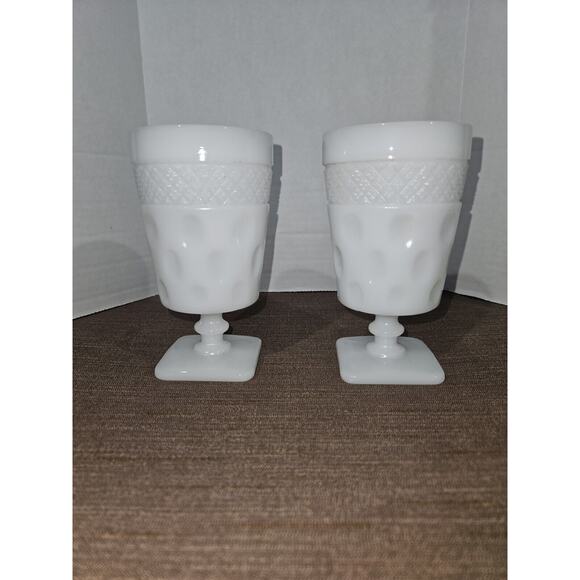 2 Vint Opal McKee Milk Glass Pedestal Stem Goblet Tea Glasses Thumbprint Design - Picture 1 of 5